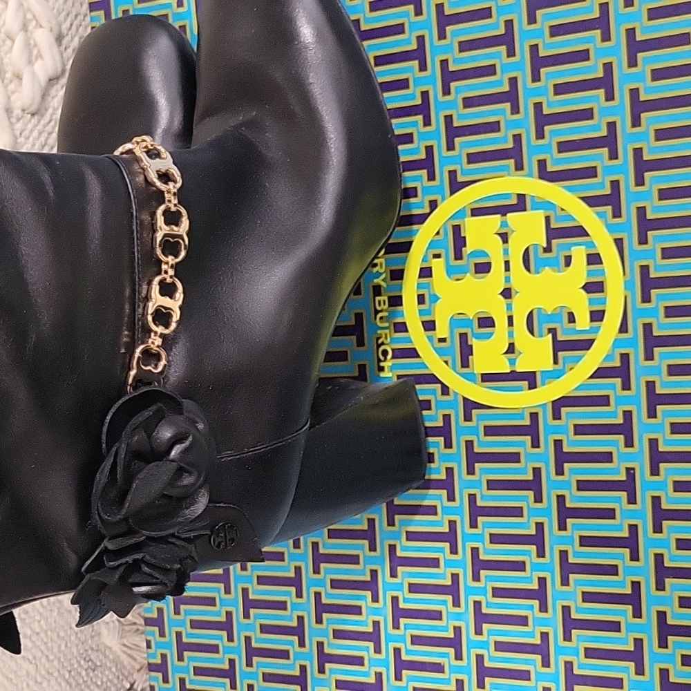 Tory Burch Black Blossom Block Heel Boots Tall Knee High Shoes - Picture 3 of 10